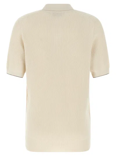 Brunello Cucinelli Light Grey Ribbed Knit Cotton Polo Collar Sweater For Men In Multi