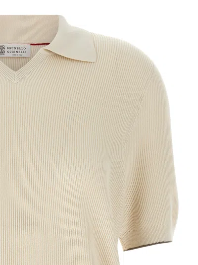 Brunello Cucinelli Light Grey Ribbed Knit Cotton Polo Collar Sweater For Men In Multi