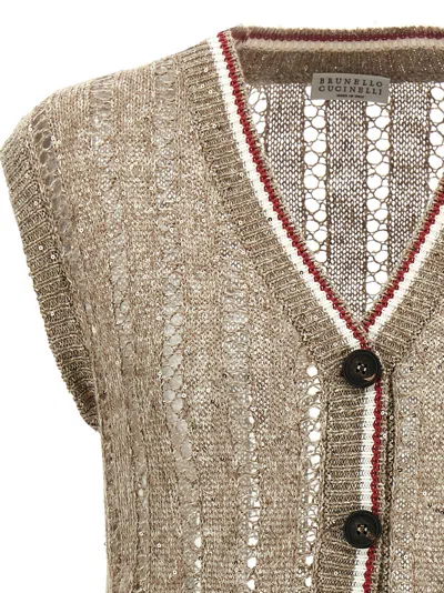 Brunello Cucinelli Dazzling Ribbed Net Gilet Beige