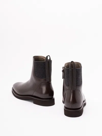 Brunello Cucinelli Matt Leather Chlesea Boots With Shiny Detail Shoes In Brown