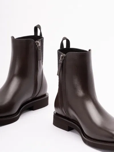 Brunello Cucinelli Matt Leather Chlesea Boots With Shiny Detail Shoes In Brown