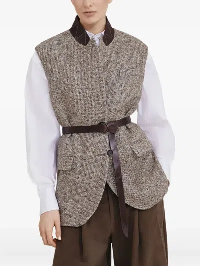 Brunello Cucinelli Waist Belted Lapel Sleeveless Textured Jacket In Brown