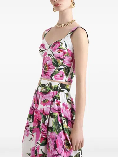 Dolce & Gabbana Pink Crop Top With All-over Printed Floral Motif In Cotton Blend Woman In Pink