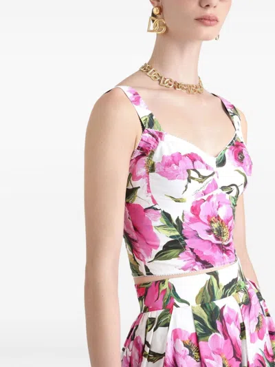Dolce & Gabbana Pink Crop Top With All-over Printed Floral Motif In Cotton Blend Woman In Pink
