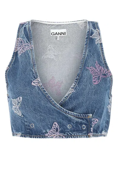 Ganni Women Embroidered Denim Vest In Blue