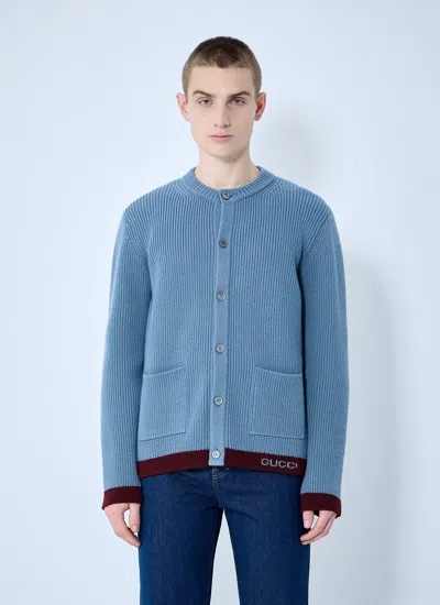 Gucci Men Wool Cardigan With Intarsia In Blue