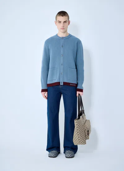 Gucci Men Wool Cardigan With Intarsia In Blue