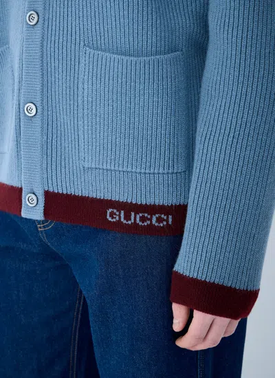 Gucci Men Wool Cardigan With Intarsia In Blue