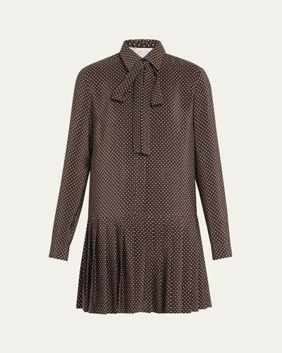Michael Kors Polka-dot Silk Pleated Drop-waist Bow Mini Shirtdress In Brown