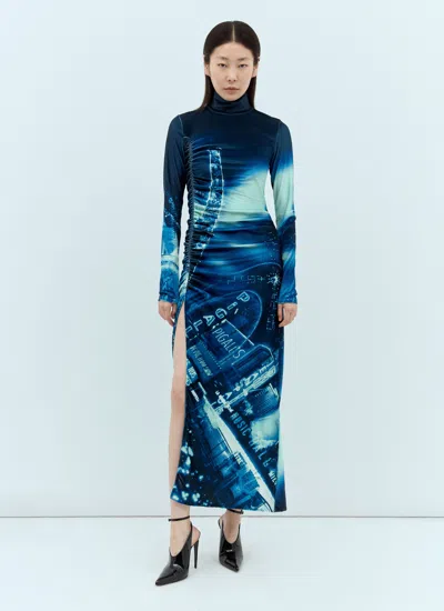Jean Paul Gaultier Gathered Velvet Long Dress Printed Pigalle In Blue