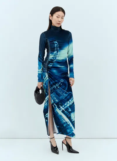 Jean Paul Gaultier Gathered Velvet Long Dress Printed Pigalle In Blue