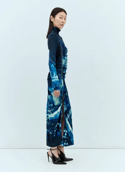 Jean Paul Gaultier Gathered Velvet Long Dress Printed Pigalle In Blue