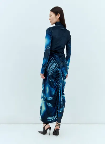 Jean Paul Gaultier Gathered Velvet Long Dress Printed Pigalle In Blue