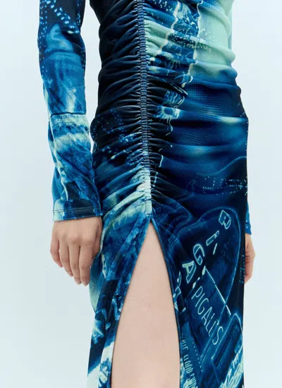 Jean Paul Gaultier Gathered Velvet Long Dress Printed Pigalle In Blue