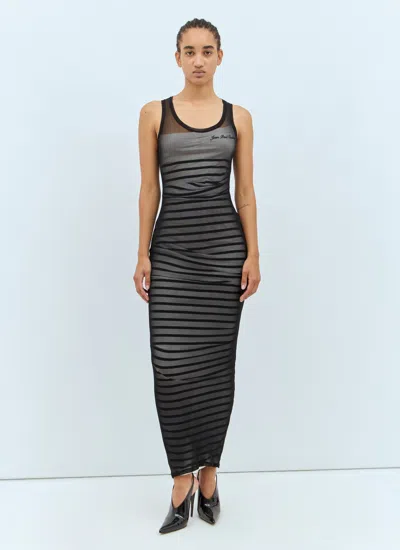 Jean Paul Gaultier Striped Printed Mesh Long Dress In Black