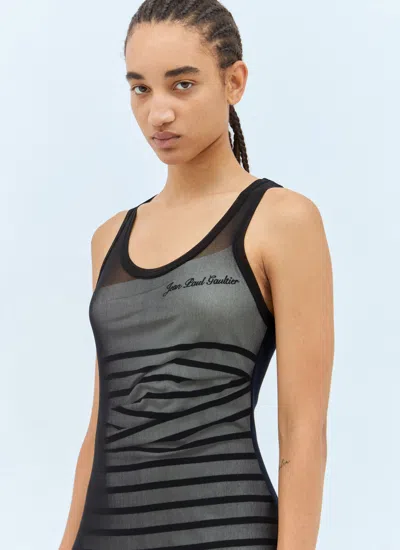 Jean Paul Gaultier Striped Printed Mesh Long Dress In Black