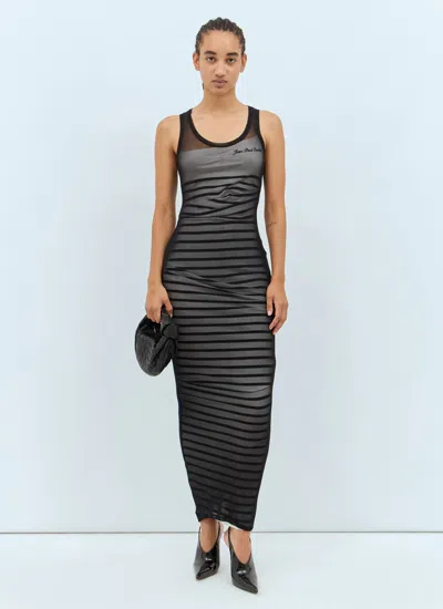 Jean Paul Gaultier Striped Printed Mesh Long Dress In Black