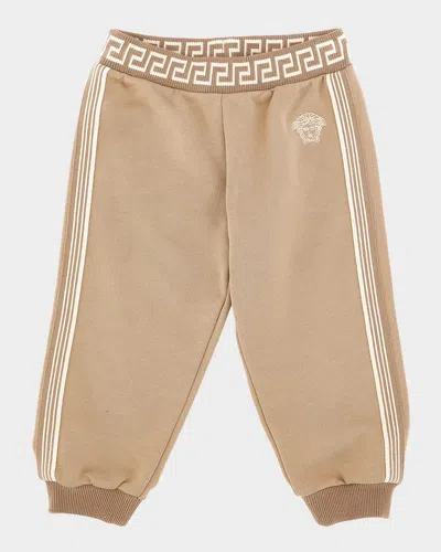 Versace Boy's Embroidered Greca-print Fleece Sweatpants In Neutral