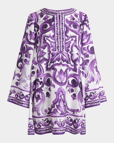 Dolce & Gabbana Majolica Silk Twill Long-sleeve Mini Shift Dress In Purple