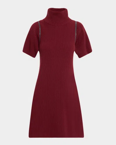 Brunello Cucinelli Mock-neck Monili Short-sleeve Cashmere Rib Mini Dress In Red
