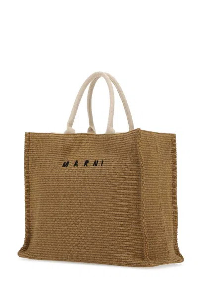 Marni Raffia-effect Canvas Small Tote Bag In Brown