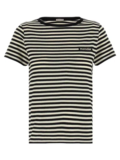 Moncler Black And White T-shirt With All-over Striped Motif And Logo Patch On The Chest In Cotton Wo