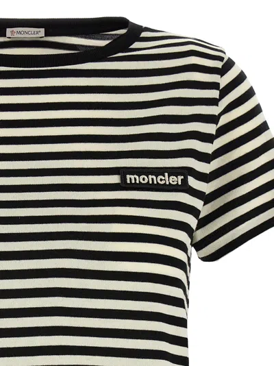 Moncler Black And White T-shirt With All-over Striped Motif And Logo Patch On The Chest In Cotton Wo