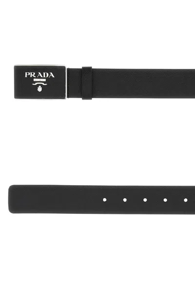 Prada Men Black Leather Belt In Black