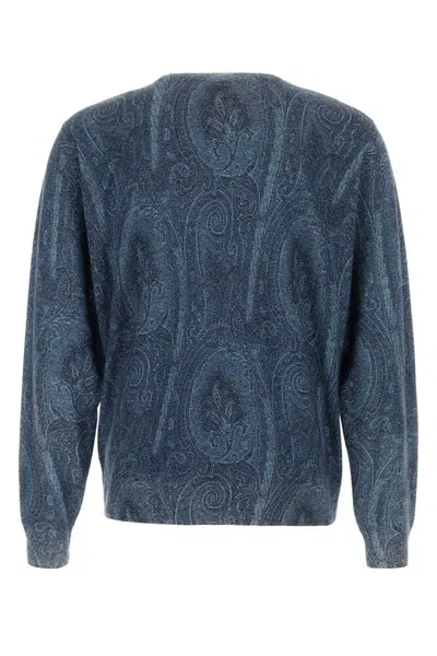 Etro Silk Blend Crew Neck Sweater With Paisley Embroidery In Blue