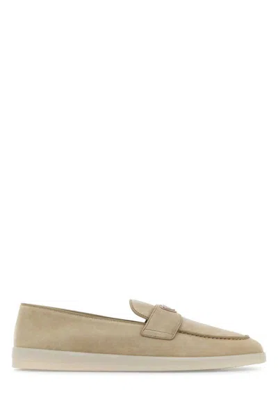Prada Round Toe Suede Loafers In Neutral