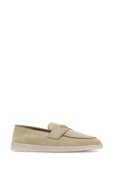 Prada Round Toe Suede Loafers In Neutral