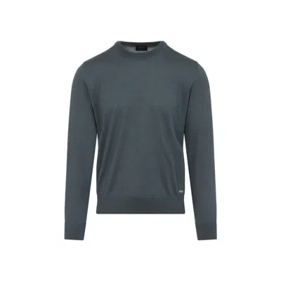 Brioni Ribbed Crewneck Sweater With Cuffs And Hem In Blue
