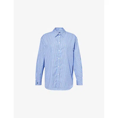 Polo Ralph Lauren Womens Light Blue/navy Multi Striped Curved-hem Cotton-poplin Shirt