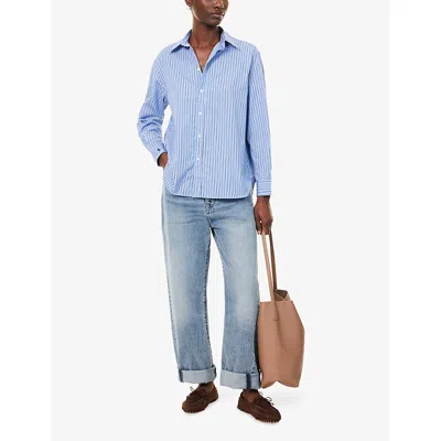 Polo Ralph Lauren Womens Light Blue/navy Multi Striped Curved-hem Cotton-poplin Shirt