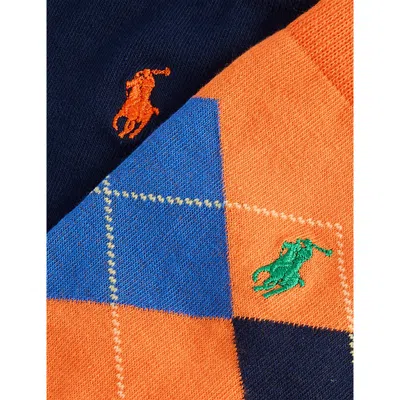 Polo Ralph Lauren Mens Orange/navy Argyle Logo-embroidered Pack-of-two Stretch-cotton Crew Socks