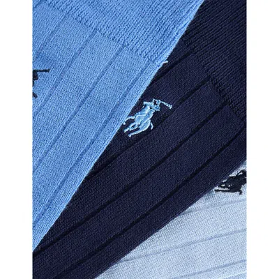 Polo Ralph Lauren Mens Lt Blue/navy Logo-embroidered Pack-of-three Stretch-woven Crew Socks