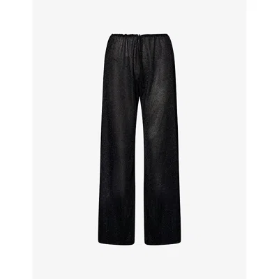 Oseree Womens Black Lumière Rose-embellished Woven Trousers