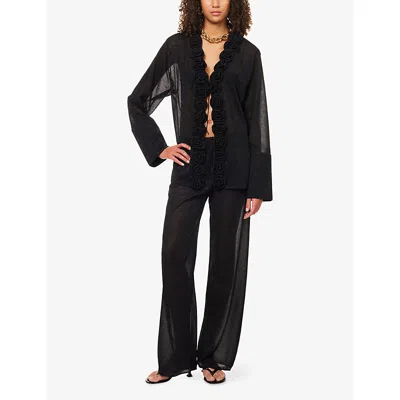 Oseree Womens Black Lumière Rose-embellished Woven Trousers