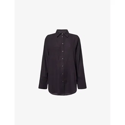 We Are Tala Omens Black Long-sleeves Curved-hem Linen-blend Shirt