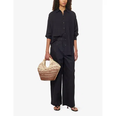 We Are Tala Omens Black Long-sleeves Curved-hem Linen-blend Shirt