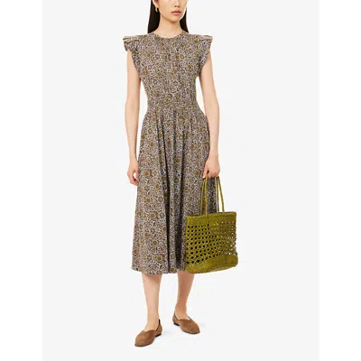 Me And Em And Em Womens Olive Multi Trailing Lotus Graphic-print Cotton Midi Dress