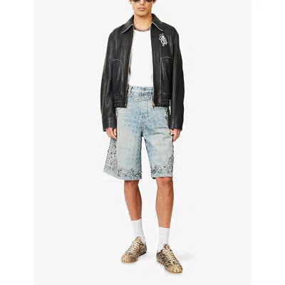 Amiri Mens Medium Indigo Graphic-pattern Embellished Denim Shorts
