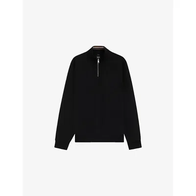 Hugo Boss Zip-neck Sweater With Structured Wool-cotton Front In Black