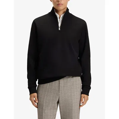 Hugo Boss Zip-neck Sweater With Structured Wool-cotton Front In Black