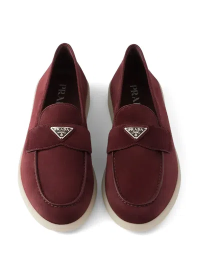Prada Mens Burgundy Triangle-plaque Suede Loafers Eur 40.5 / 6.5 Uk In Brown