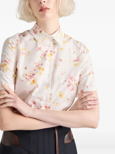 Prada Bouquet Poplin Short-sleeve Button-down Blouse In Multi