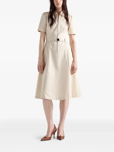 Prada Womens Neutral Logo-belt A-line Cotton Chino Midi Dress In Neutral