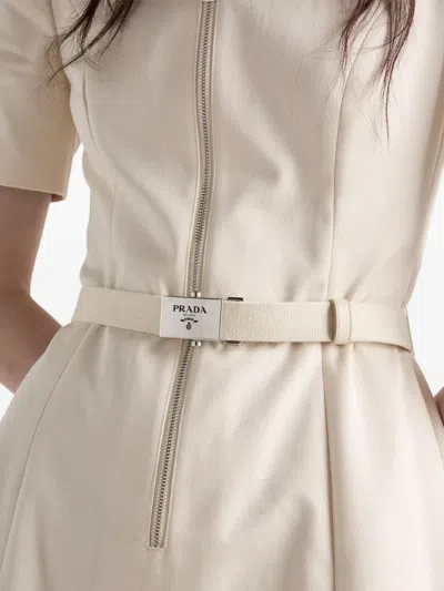 Prada Womens Neutral Logo-belt A-line Cotton Chino Midi Dress In Neutral
