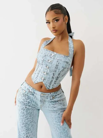 True Religion Women's Foiled Leopard Denim Halter Top