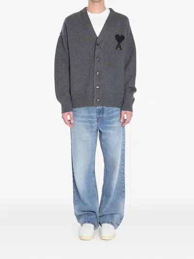 Ami Alexandre Mattiussi Ami Paris Ami De Coeur Heather Grey Wool Cardigan Men In Gray